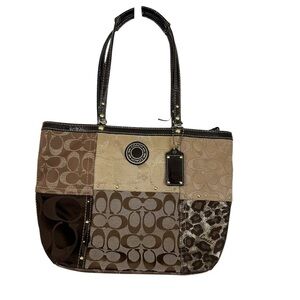 Coach Signature Patchwork Authentic Purse Brown & Tan Leather Keychain GUC